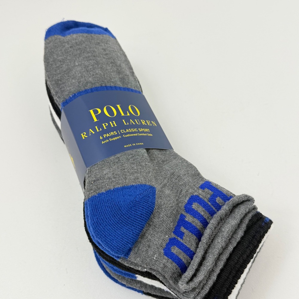 Polo Ralph Lauren Mens 6 Pack Low Cut Socks Classic Sport 10-13 Gray Blue NWT